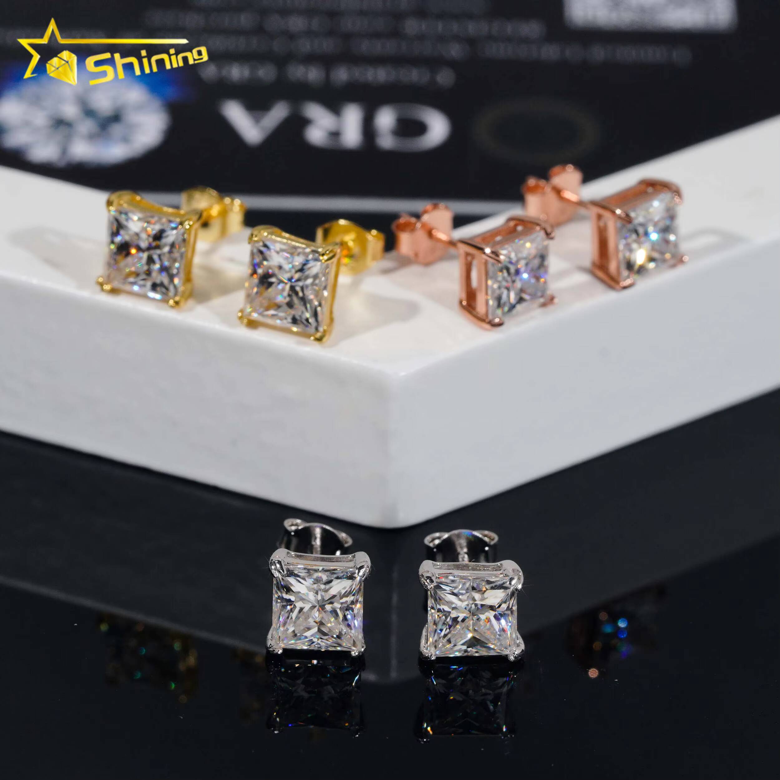 Factory Price GRA Certificated Moissanite Diamond Earrings Women 925 Solid Silver Solitaire Princess Cut Diamond Stud Earrings