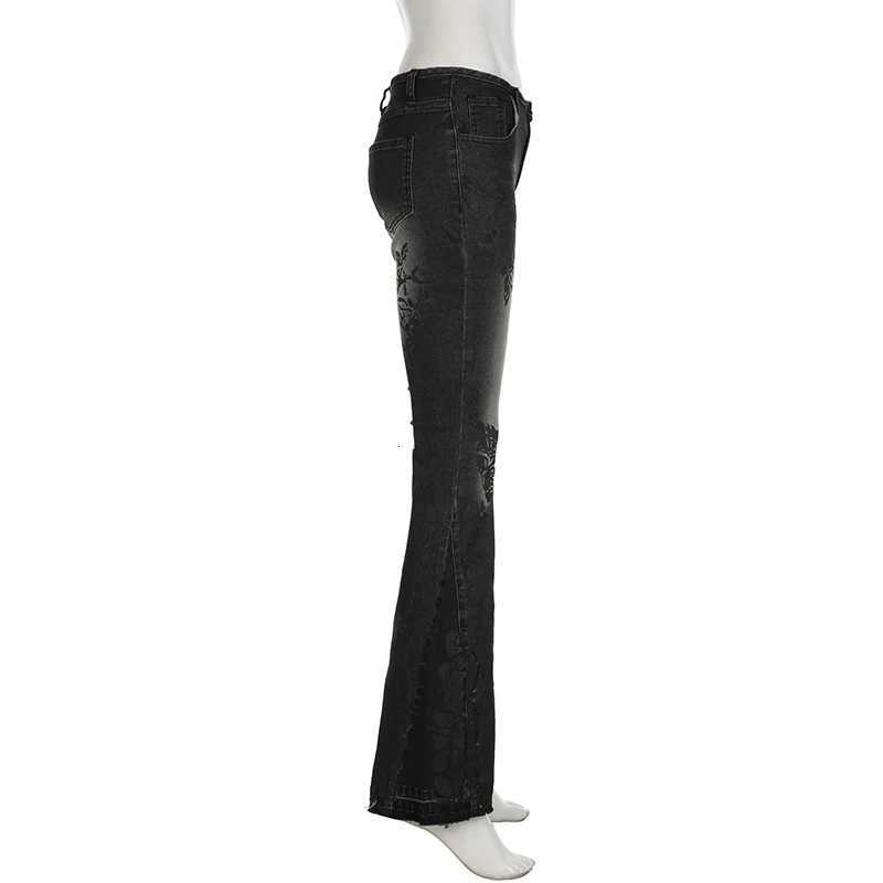 90s Vintage Plant Printed Flared Jeans Y2K Streetwear Low Waist Slim Denim Pants 2000s Washed High Street Women Trousers New R250716