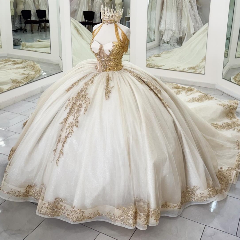 Ivory Shiny Quinceanera Dresses Ball Gown Off The Shoulder Applique Beads Tull Party Birthday Sweet 16 Dress Vestidos De 15 Anos