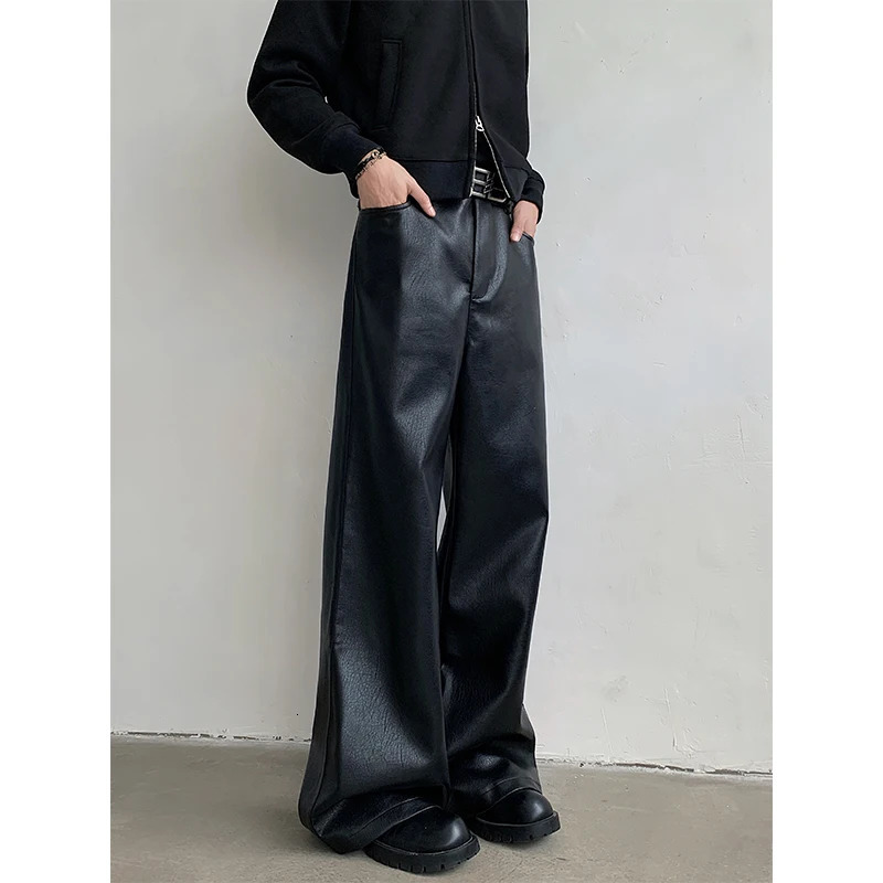 Autumn Winter Punk Mens PU Leather Pants Fashion Black Hipcool Men Zipper Wideleg Mopping Trousers Allmatch Windproof 250704