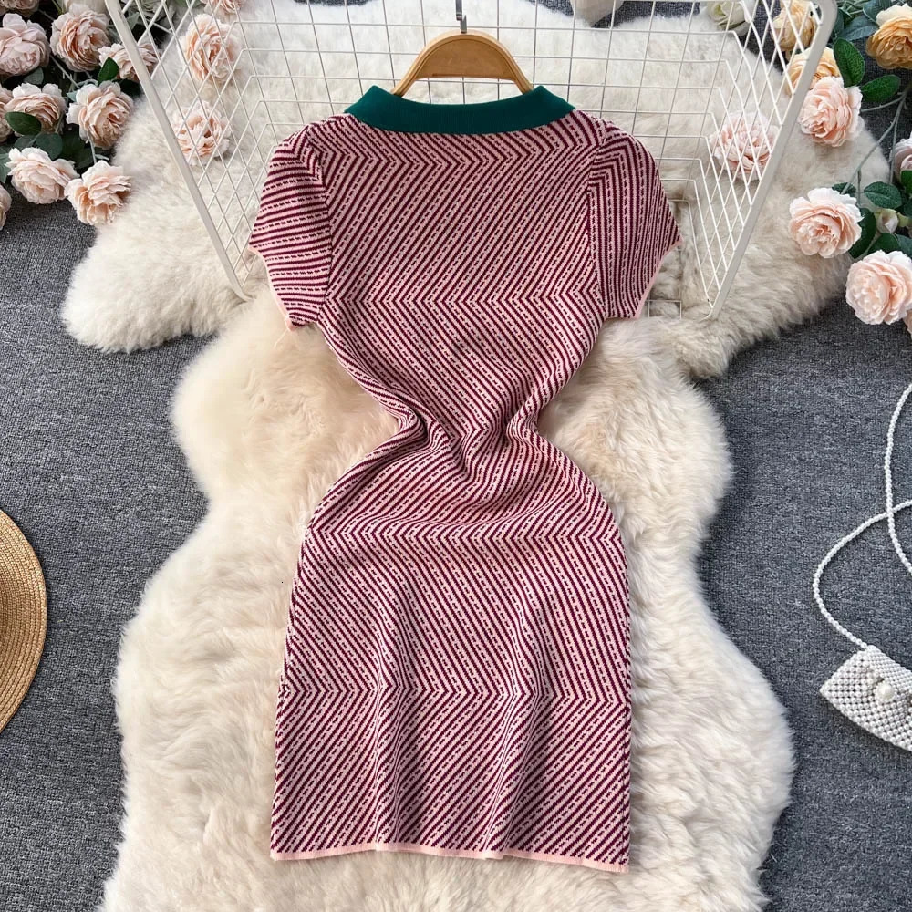 Striped Knitted Short Sundress Women Short Sleeves Elastic Sheath Sexy Dress Ladies Vacation sweet Beach Dress 250715