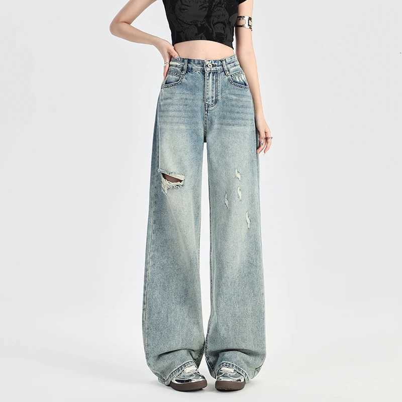 2025 Summer KSTUN Distressed Jeans Women High Waist Hip Hop Denim Pants Hollow Out Vintage Straight Girls Jeans Boyfriend Jeans R250716