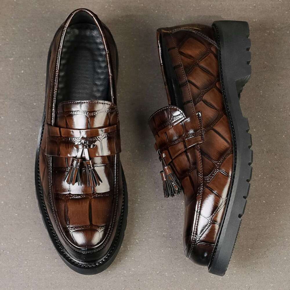 Tassel Thick-Soled for Men, British Style Trendy Business Formal Height-Increasing Hairstylist Men's Shoes, Big Round Toe Casual Leather Shoes