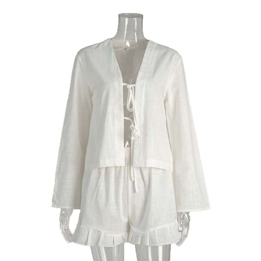 Pure Cotton Tie Cardigan + Spring Summer New Loose Casual Shorts Set For Women B5