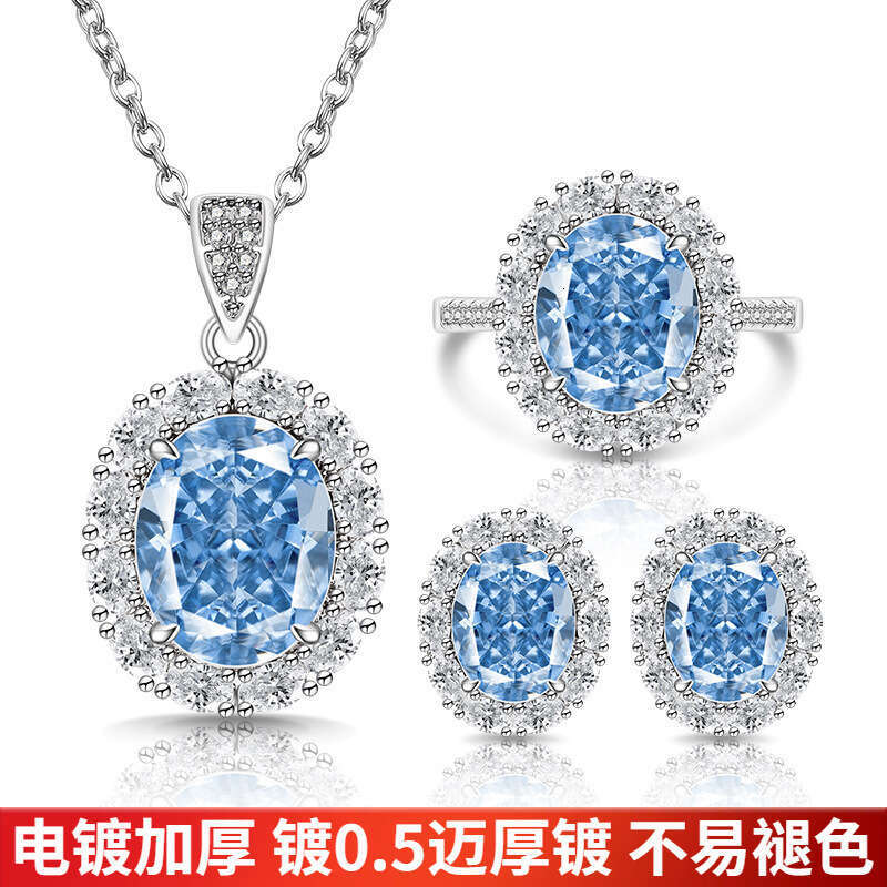 Sier Plated Inlaid Oval Blue Corundum Necklace Fashion Versatile Pendant Jewelry 45a
