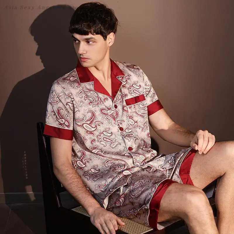 Large Size 3XL Men Pajama 2Pcs Set Summer New Short Sleeve Shorts Pajama Set Loose Ice Silk Satin Sleepwear Mens Home Clothes W250717
