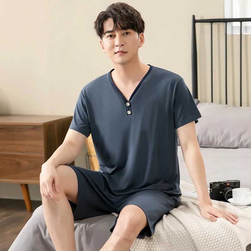 New V-Neck Modal Cotton Mens Summer Short Sleeve Shorts Pajamas Set Big Size M-4XL Sleepwear Leisure Suits Nightwear Mens Pajamas W250717