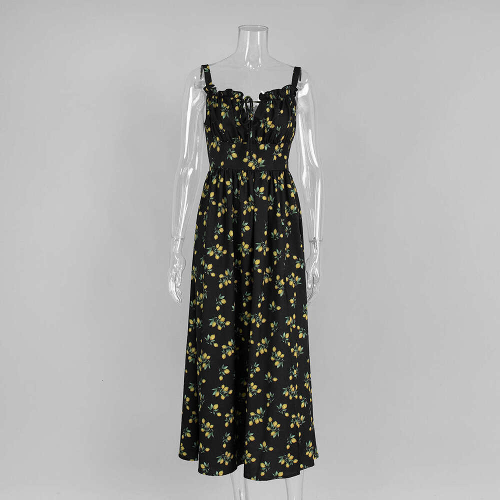 Floral Strap Summer New Low Neck Tie Slit High Waist Printed Dress B5