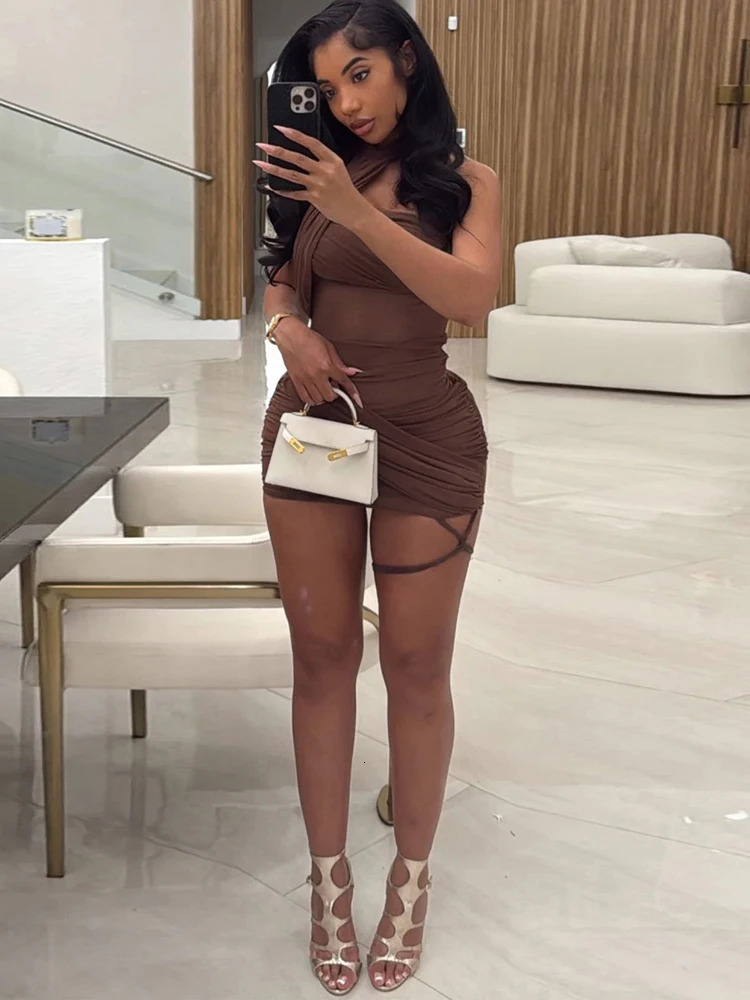 Weird Puss See Through Sexy Dress Women Y2K Cross Bandage Backless Halter Sleeveless Summer Trend Midnight Clubwear Mini Bodycon 250715