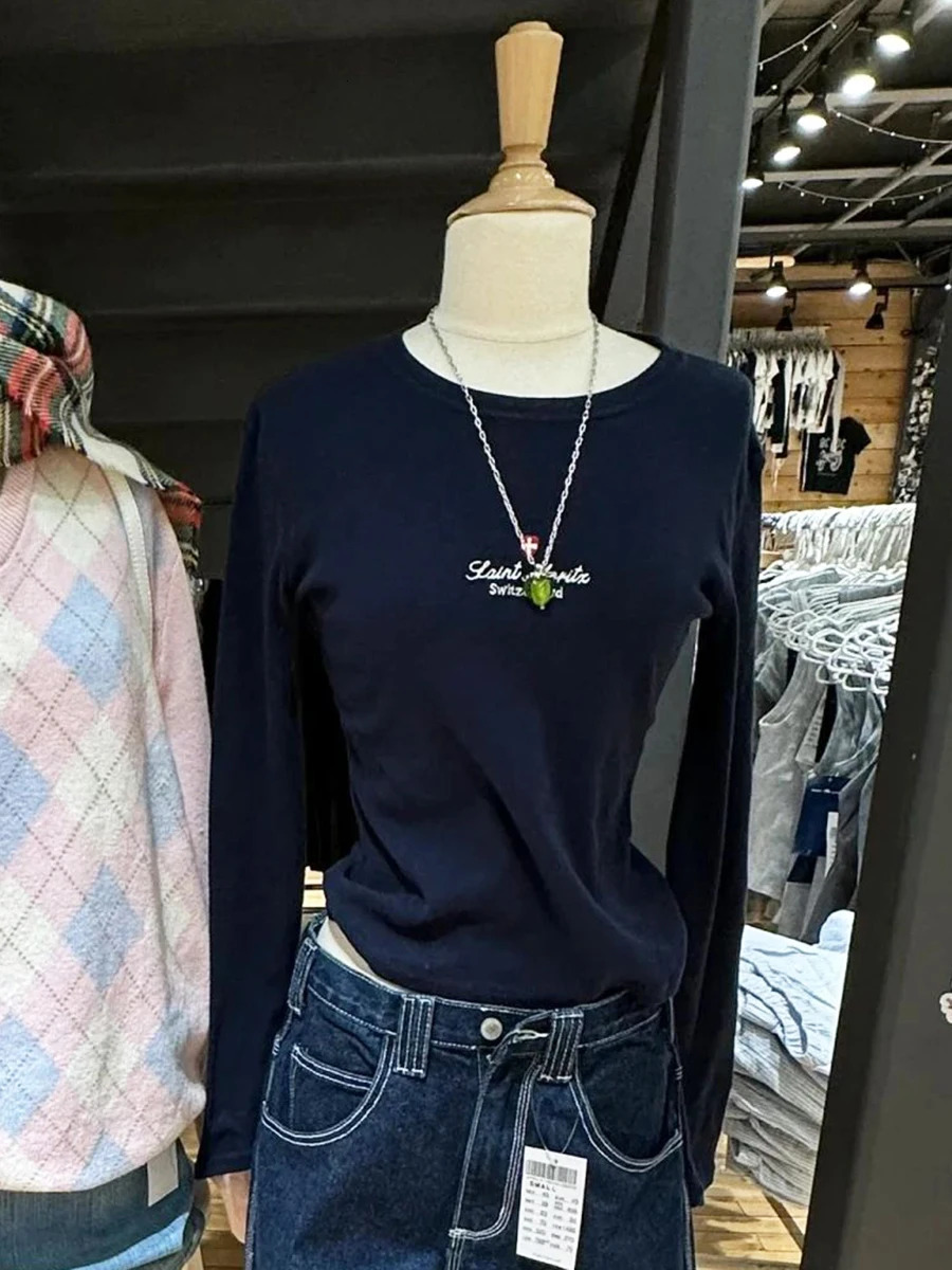 Letter Embroidery Long Sleeve T-shirt Woman Autumn Round Neck Cotton Slim Tee Shirt Navy Vintage Streetwear Sweet Tshirt Y2k Top 250717