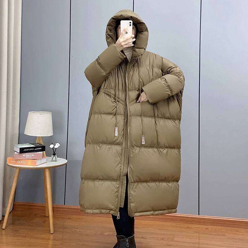 Janveny 2025 New Winter Hooded Drawstring Loose Puffer Jacket Women Solid Casual Silhouette Long 90% White Duck Down Warm Coat MDNG