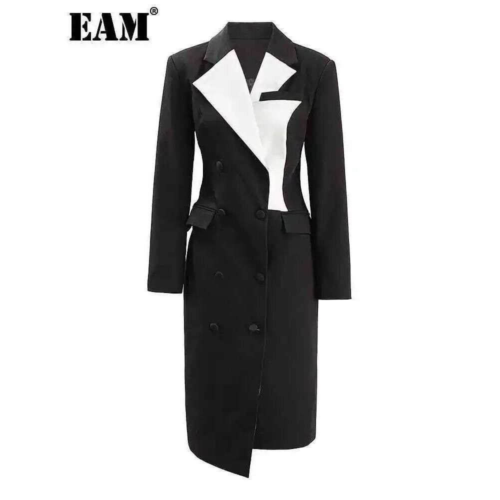 EAM Black Color-Block Elegant Trench Women New Lapel Long Sleeve Loose Fit Windbreaker Fashion Tide Spring Autumn 2025 Cpdb129
