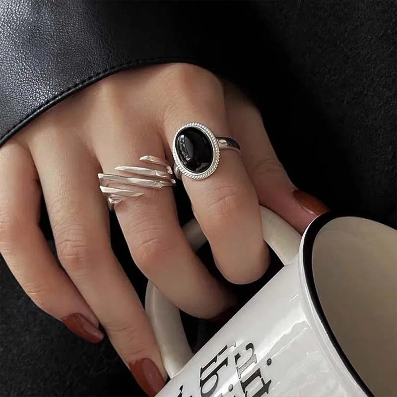 Fashion Silver Color Black Stone Rings for Women Girl Korean Simple Geometric Open Adjustable Handmade Couple Ring Jewelry Gifts 250716