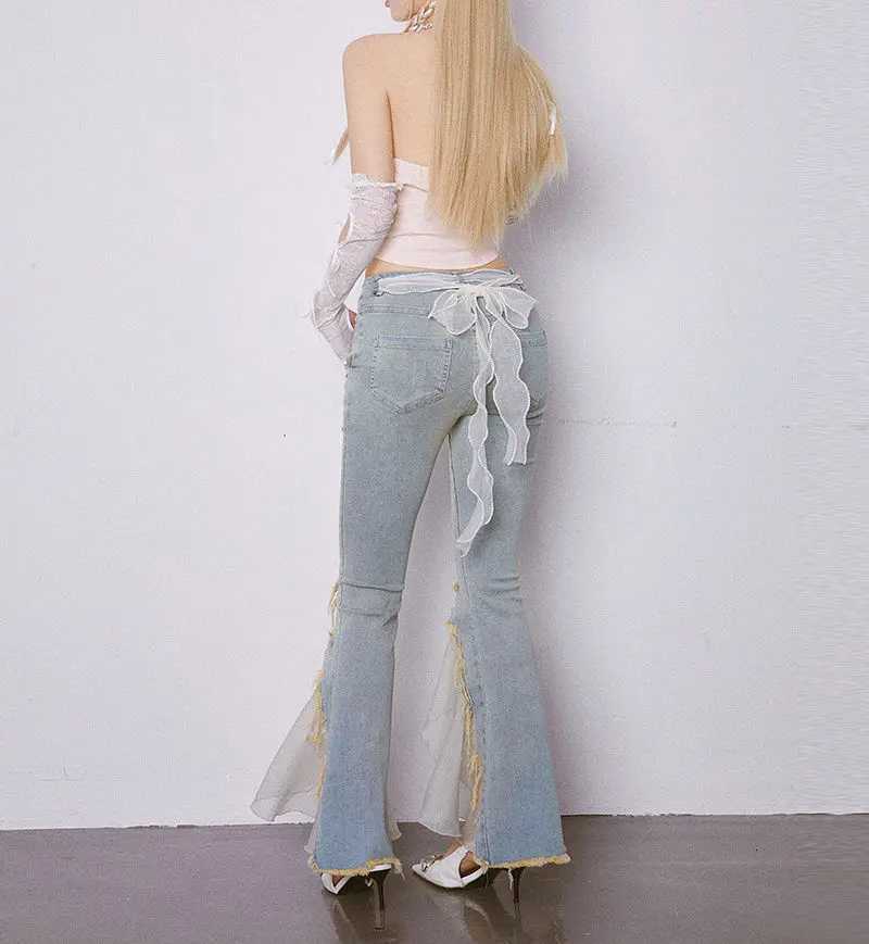 With Slits Medium Waist Trousers Slim Fit Lace Splicing Womens Flare Jeans South Korea Harajuku Fashion 90s Female Cowboy Pants R250716