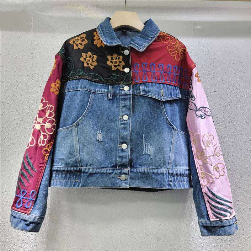 YEAE Retro Contrasting Color Splicing Irregular Long-Sleeved Denim Jacket 2025 Spring New Loose Top