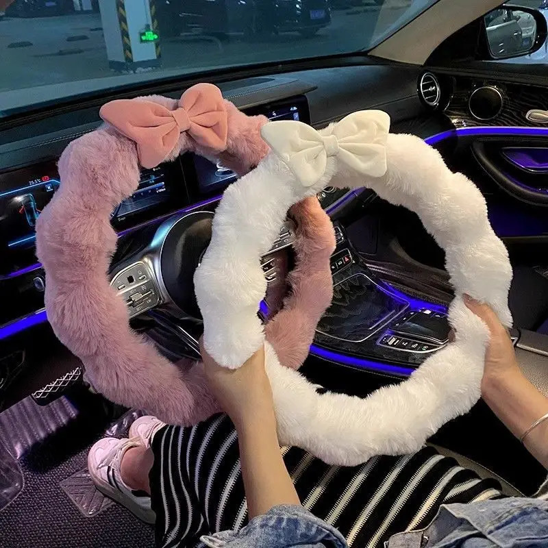 Bow Car Steering Wheel Cover Plush Winter Warm Steering Qheel Grip Cover Non-Slip Steering Wheel Protector Car Accessories 250715
