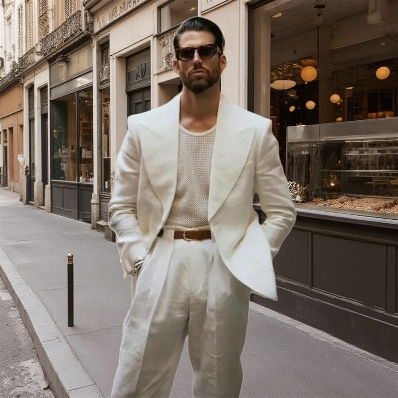 Summer 2 Piece Linen Men Suits Wedding Groom Tuxedos Smart loose Casual Lapel Blazer Pants Costume Homme y250707