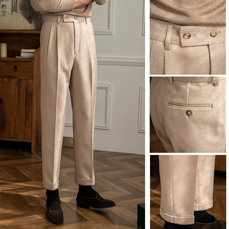 Mens Naples Slim-fit High Waist Dress Pants Fashion Solid Color British Retro Premium Elegant Woolen Leisure Trousers 250707