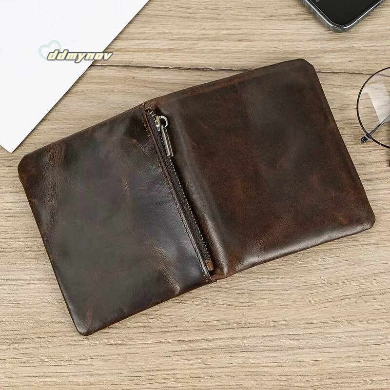 Newsbirds Card Bifold Coins Holder Short Purse Male Leather Mens Real Cowskin Zipper Wallet ddmynov