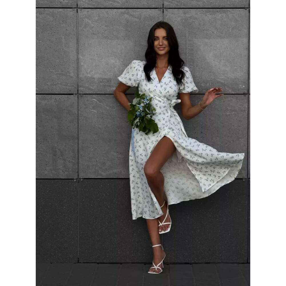 Summer New Women's Cotton Printed With Tie Straps And Puff Sleeves Long Dress B5