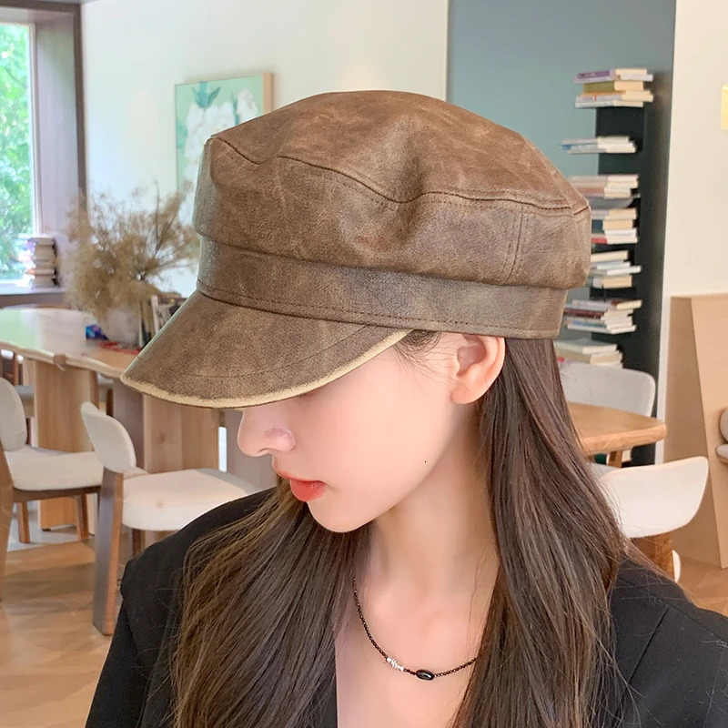 Womens Casual Military Cap PU Leather Flat Octagonal Captain Trucker Hat Vintage Artistic Painter Hip Hop Style 250716