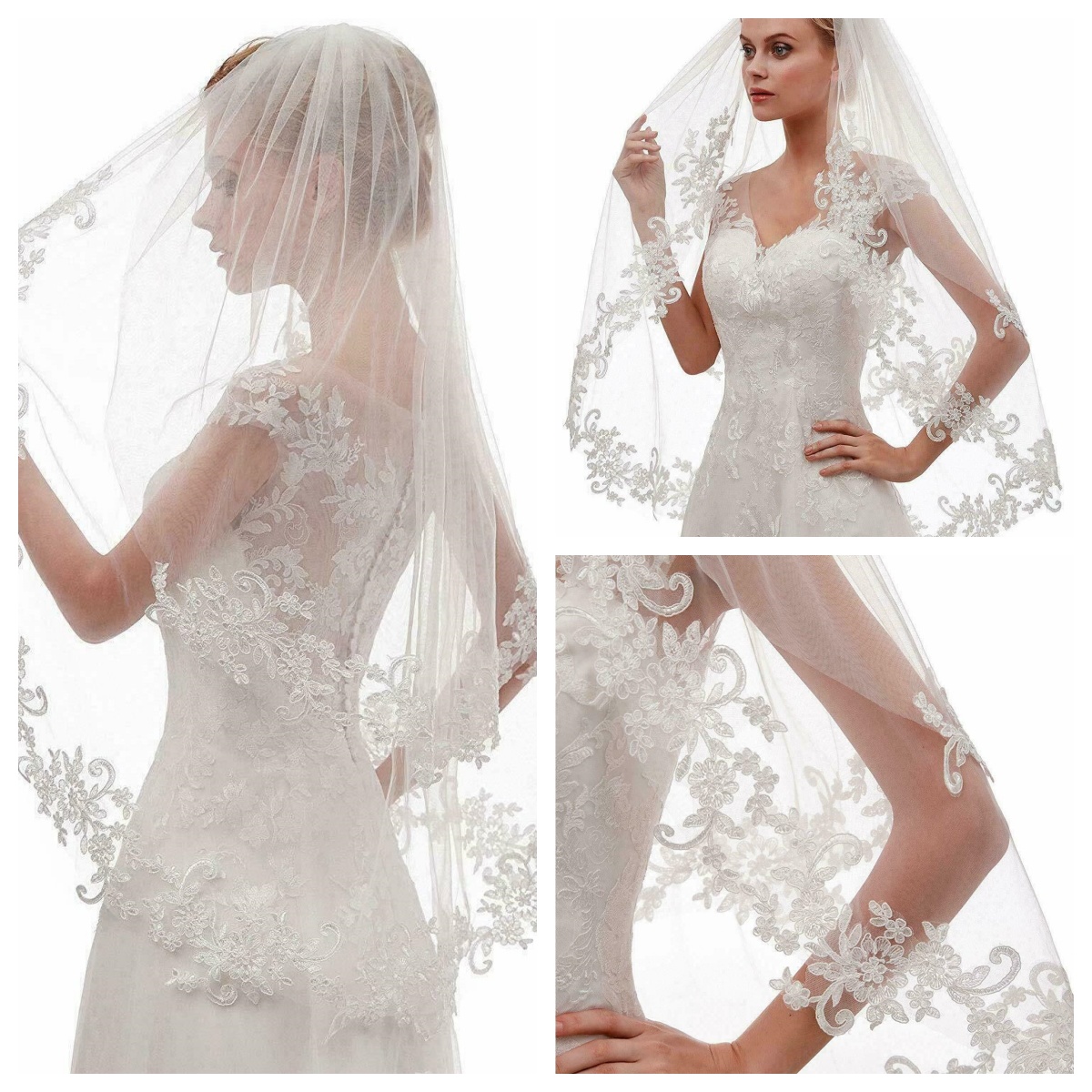 Elegant Bridal Wedding Lace Appliques Edge Bride Double layer Fingertip Length Wedding Veil Accessories