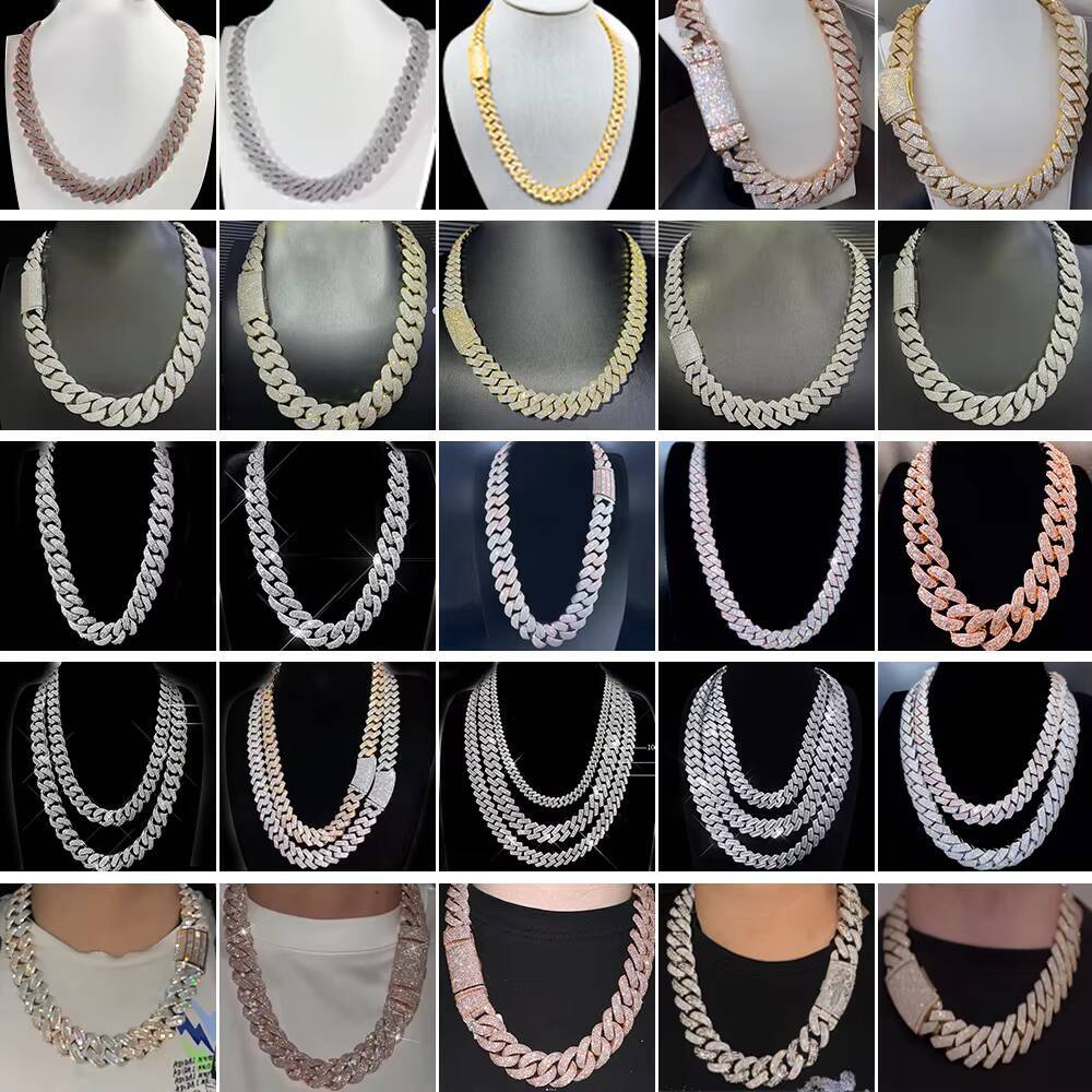 Hot Selling Moissanite Chain Hiphop 2 Row 14mm Iced Out Stunning Silver Moissanite Cuban Link Chain