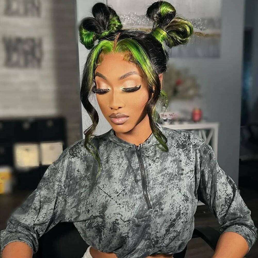 Black and Highlight 13x4 Body Wave Frontal Wigs Ombre 13x6 Green Lace Front Wig Human Hair Pre Plucked