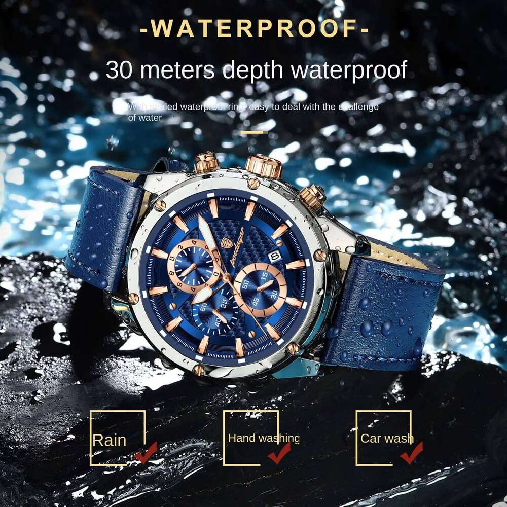 DHwatches Men's Multifunction Chronograph Watch - 50M Waterproof Leather Strap Quartz with Date & Tachymeter (Model 860)