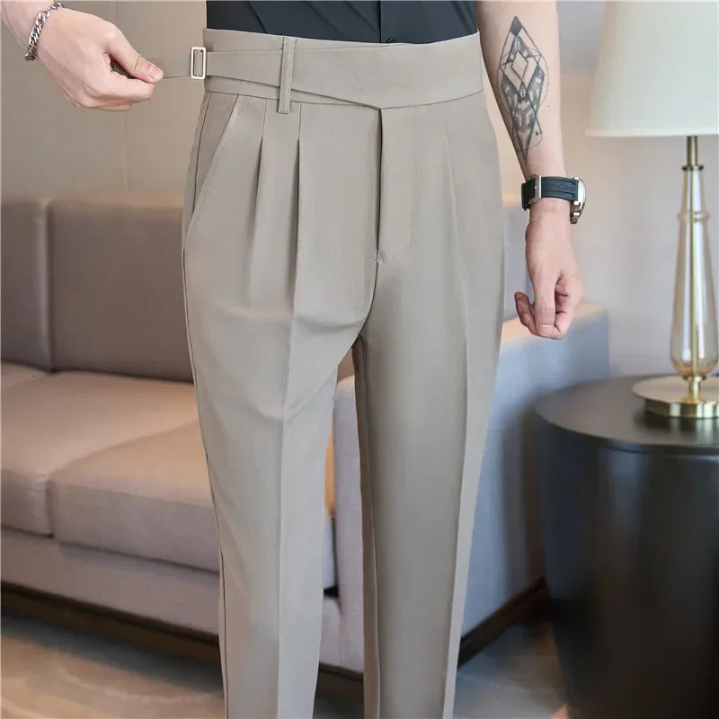 Naples High Waist Casual Pants Fashion Belt Decoration Draping Effect Three-Dimensional Pleated Suit Trousers Light Brown 250707