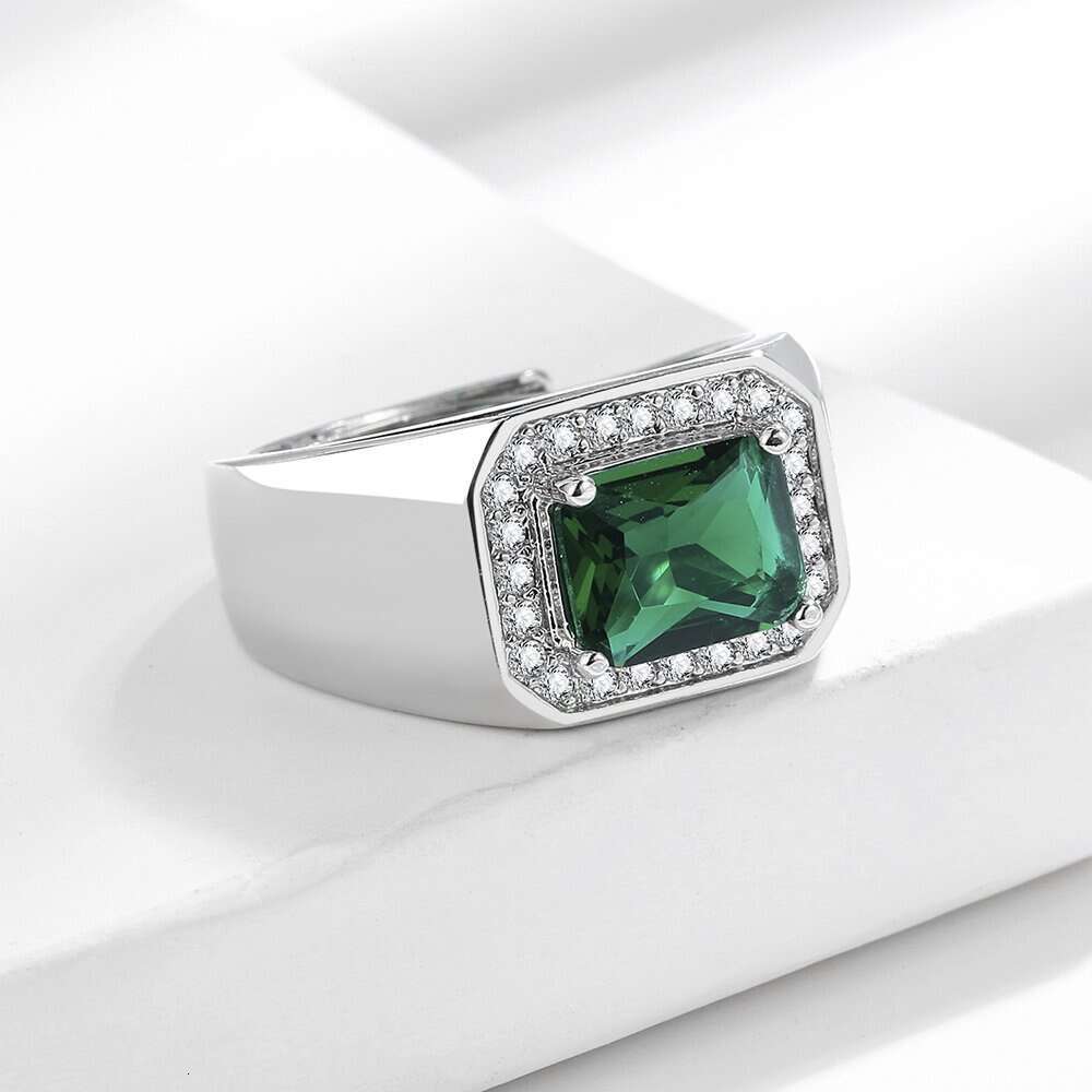 Square Emerald Blue Inlaid Diamond Men's Moissanite Zircon Open Adjustable Index Finger Ring 228