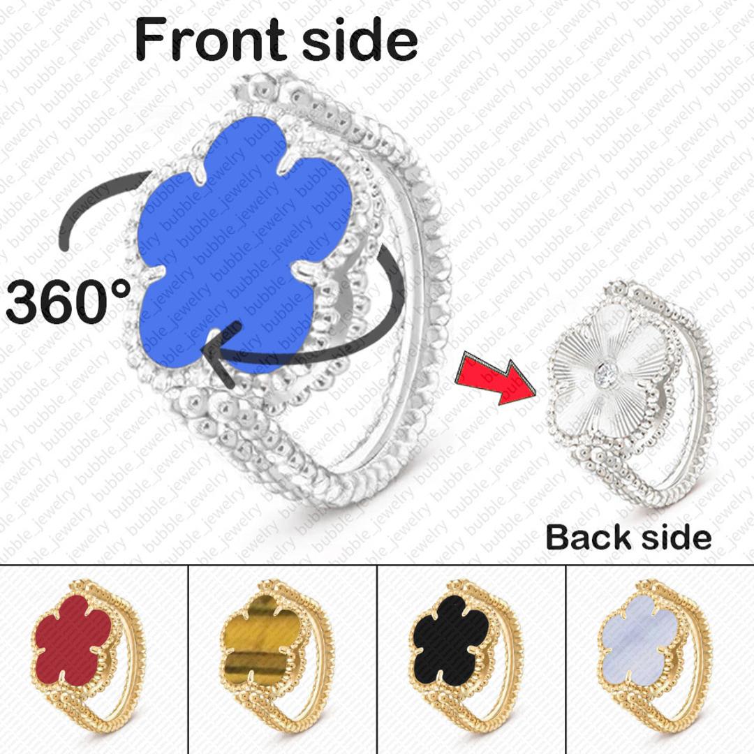 clover ring jewelry woman designer 18k gold jewelry Reversible rings high end lucky flower red agate blue chalcedony charm ring silver ring 925 luxury brand ring gift