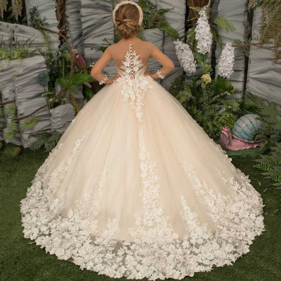 Customized Flower Girl Dress Light Champagne Pearls Floral Appliques Long Sleeve For Wedding Birthday Prom Holy Communion Gown Z250716