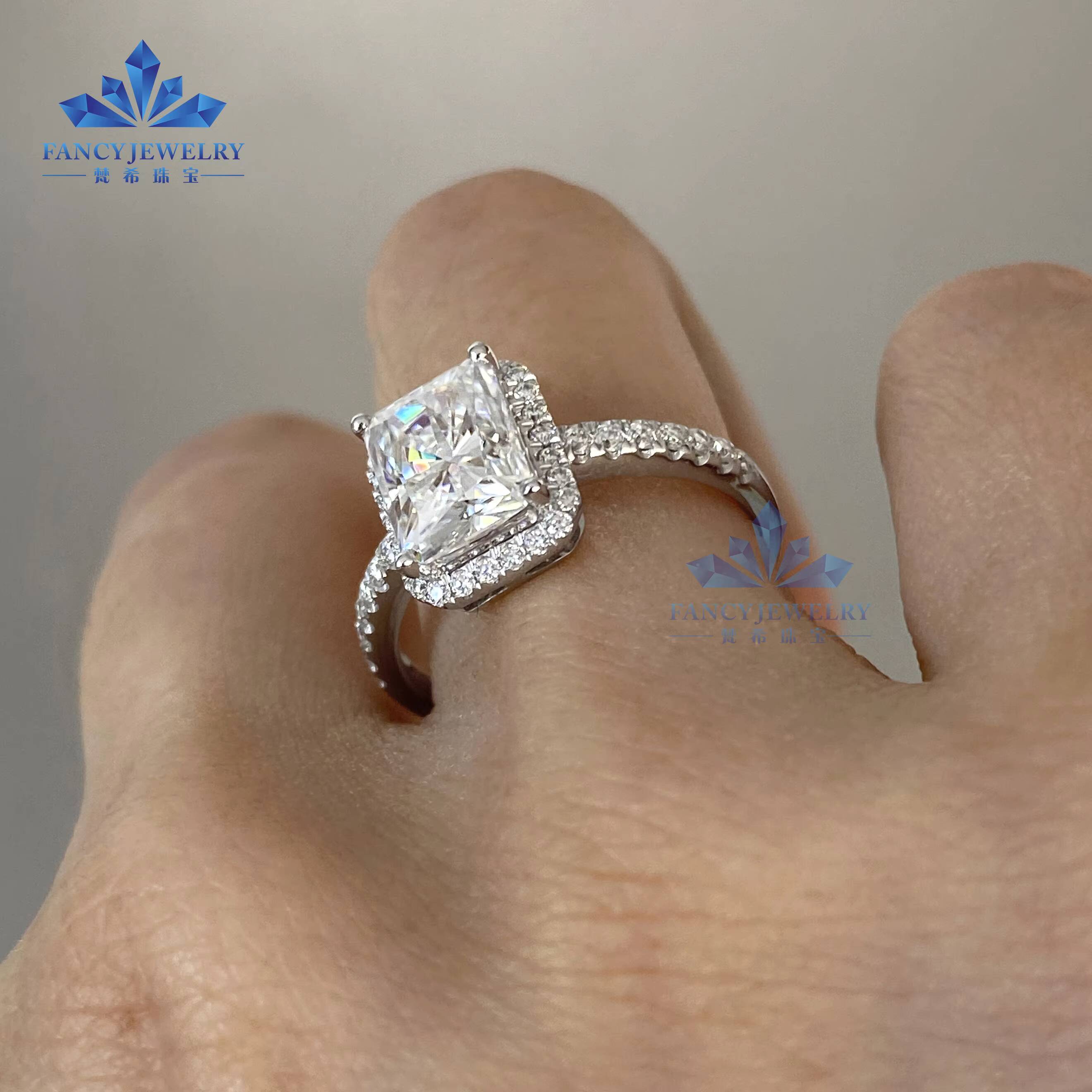 14K 18K Solid White Gold Radiant Moissanite Engagement Halo Rings for Women and Men 2CT Radiant Cut 6x8mm for Anniversaries