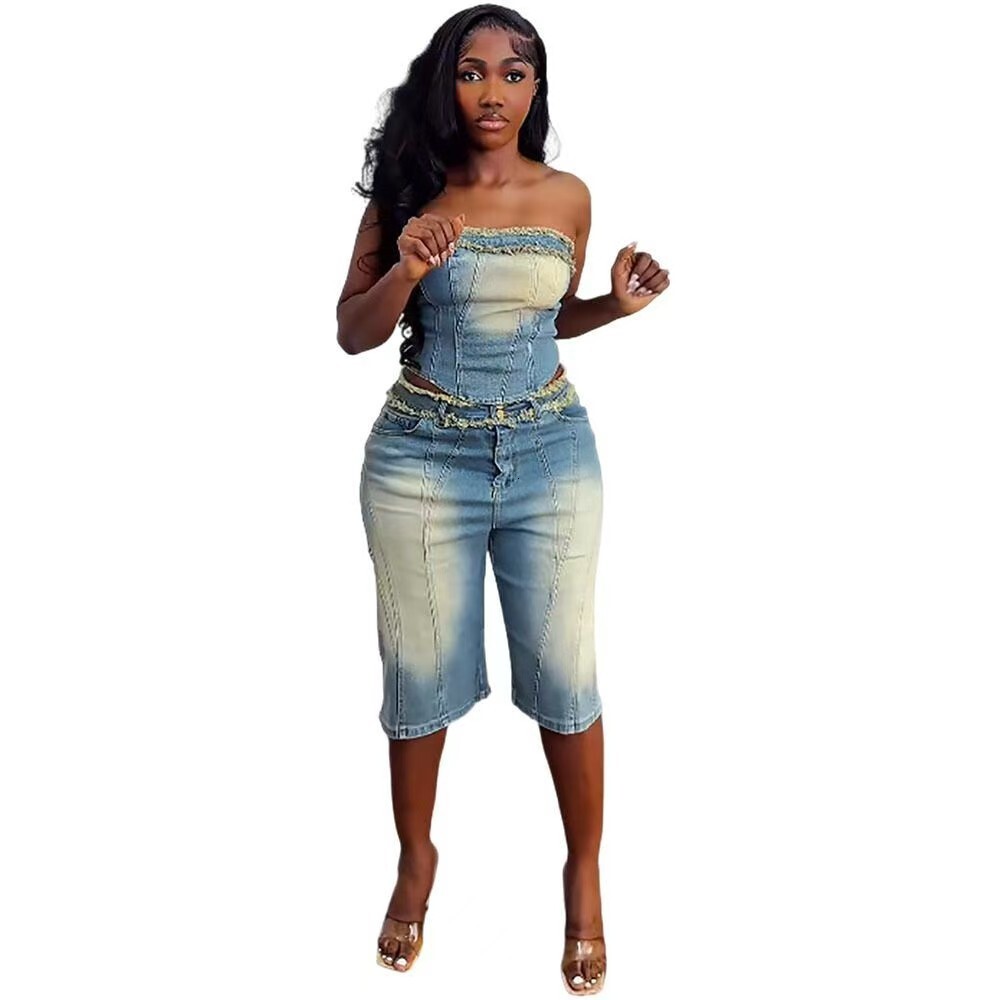 Womens Denim Pants Set Fashion Frayed Edge Tube Top High Waist Denim Shorts
