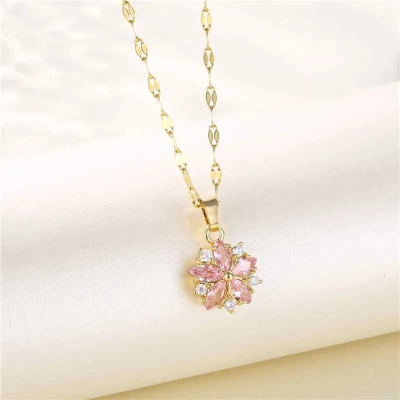New Sweet Pink Cherry Blossoms Pendant Stainless Steel Necklaces For Women Korean Fashion Temperament Clavicle Chain Jewelry XJ250717
