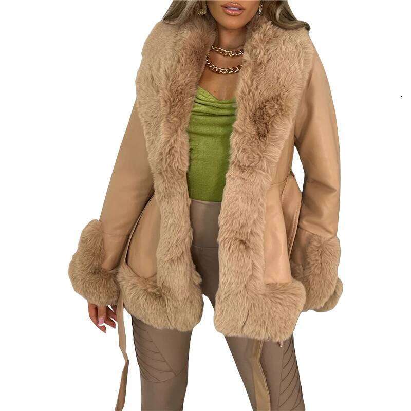 Lamuusaa Jacket Women Y2k Clothing Artificial Fur Collar V Neck Long Sleeve PU Leather Coat With Belt 2000S Clothes Outerwear