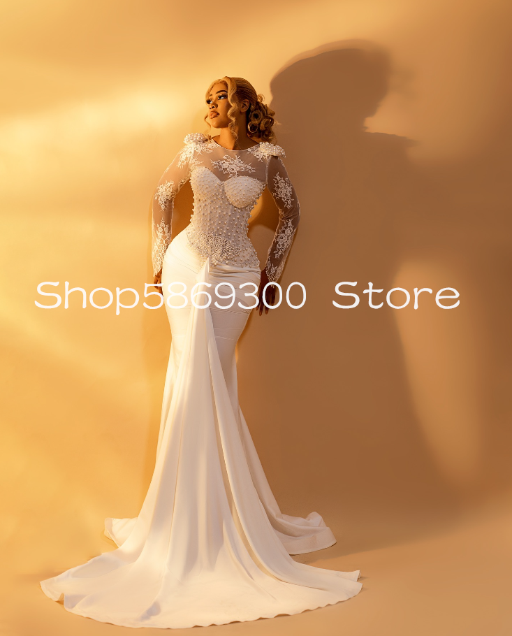 Ruched Chiffon Mermaid African Prom Formal Dresses Illusion Long Sleeve Lace Pearls Boning Top Aso Ebi Evening Gown Customsized