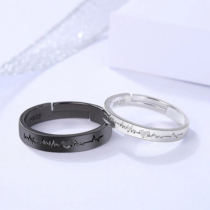 2Pcs Love Heart Electrocardiogram Couple Open Rings For Women Men Lover Black Silver Color Engagement Wedding ValentineDay Gift 250704