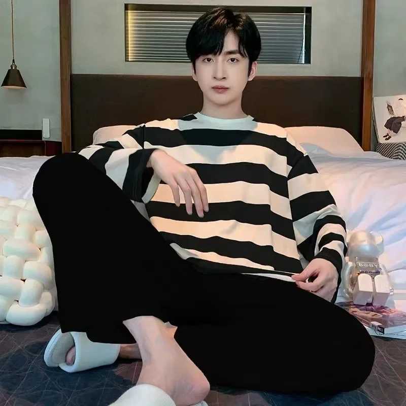 Striped Plus Size Men Pajamas Summer Long Sleeve Casual Sports Loose Black Round Neck T-Shirt and Long Pants Two-Piece Set W250717