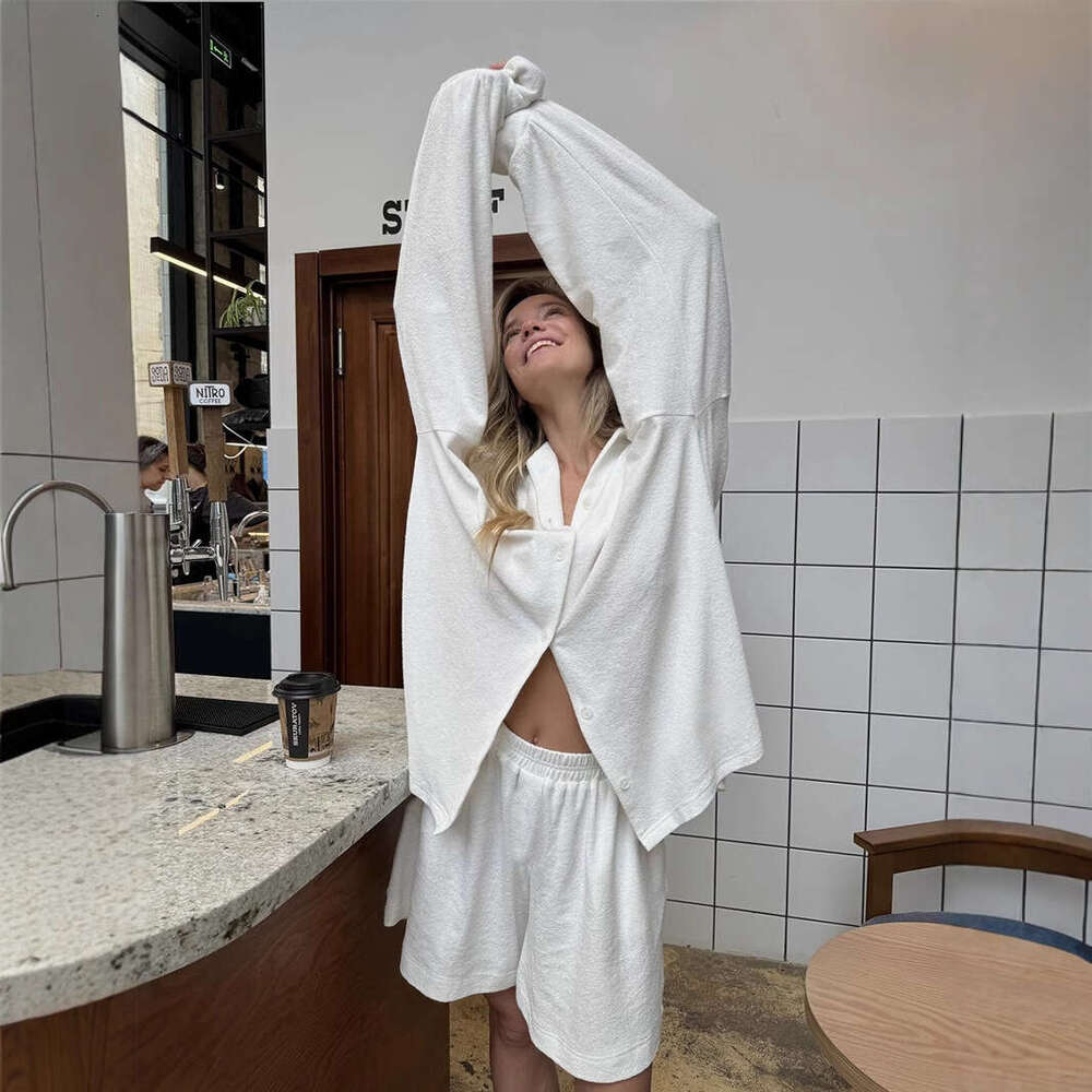 Summer Simple White Shirt Cardigan Long Sleeve Terry Cloth Two-Piece Set Loose Comfortable Women's Homewear B5