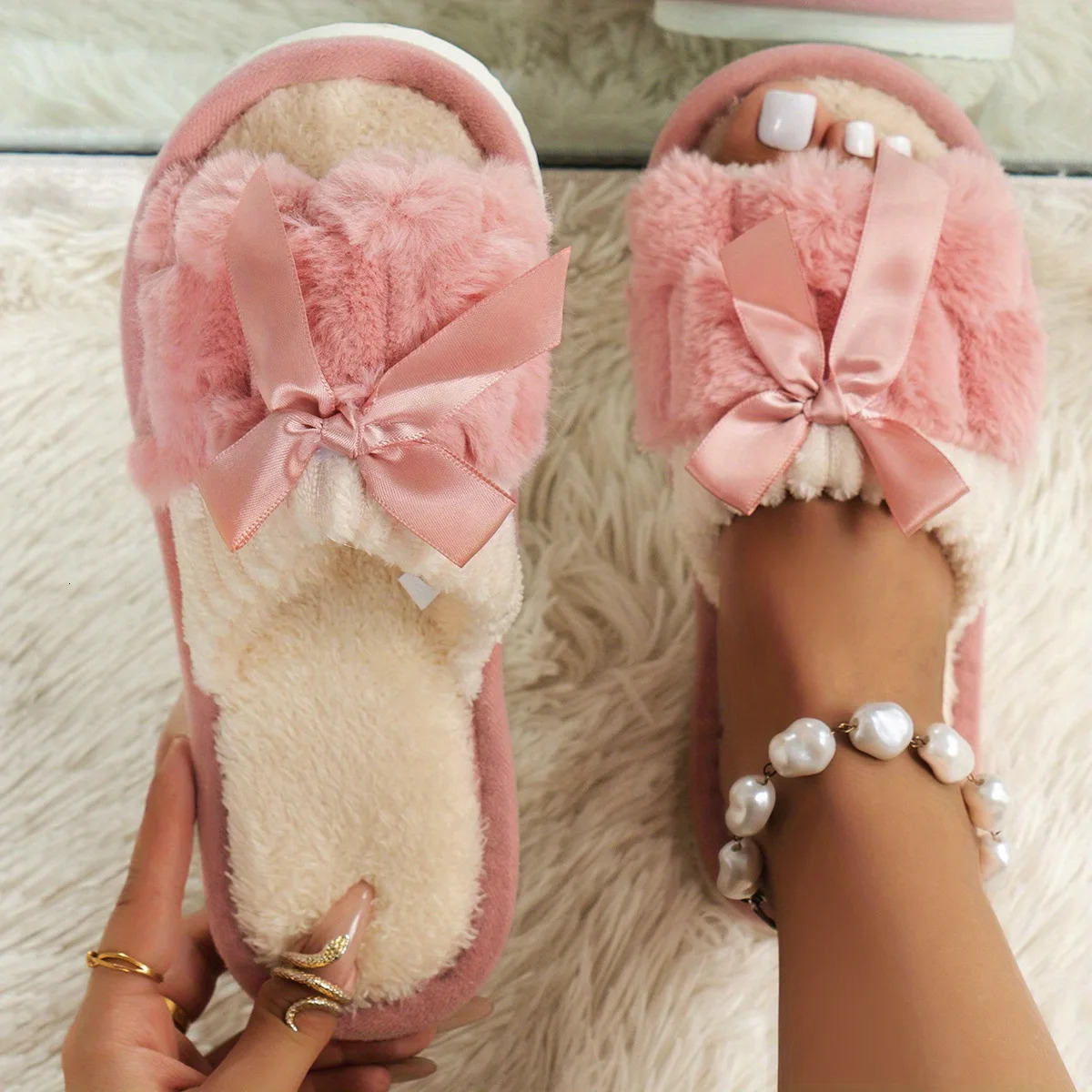 Bow Decorative Plush Slippers For Women Autumn Winter Warm Indoor Home Soft Sole Lightweight Slides Furry Cotton Shoes 250716