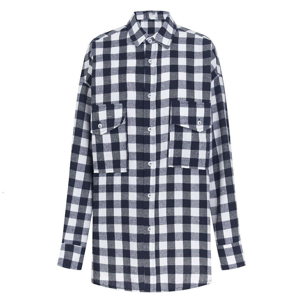 For Women Autumn New American Style Double Pocket Plaid Striped Mid-Length Shirt B5