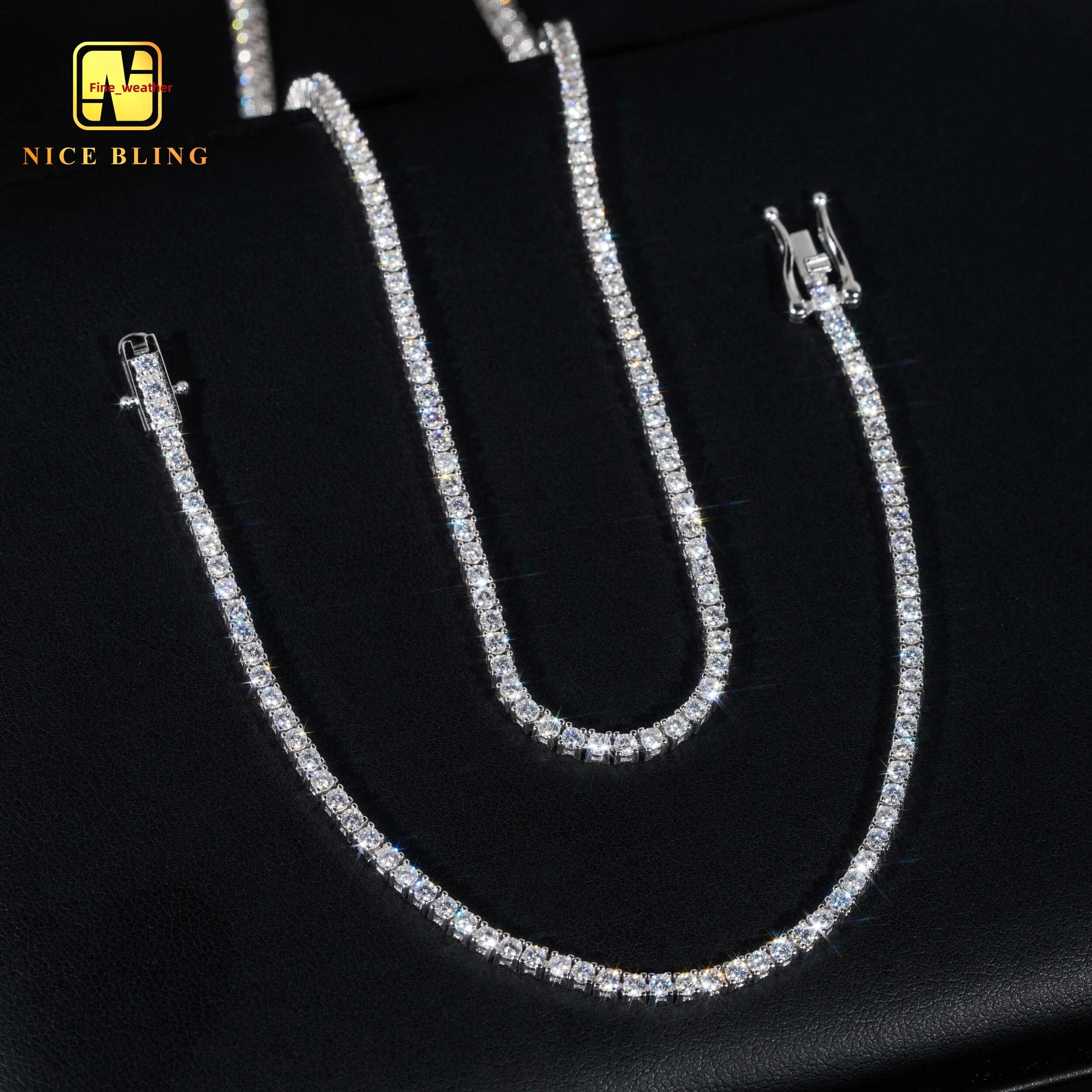 Hip Hop Fine Jewelry Tennis Necklace Vvs d Moissanite Tennis Chains Unisex 2mm Sterling Silver Gold Plated Tennis Chains