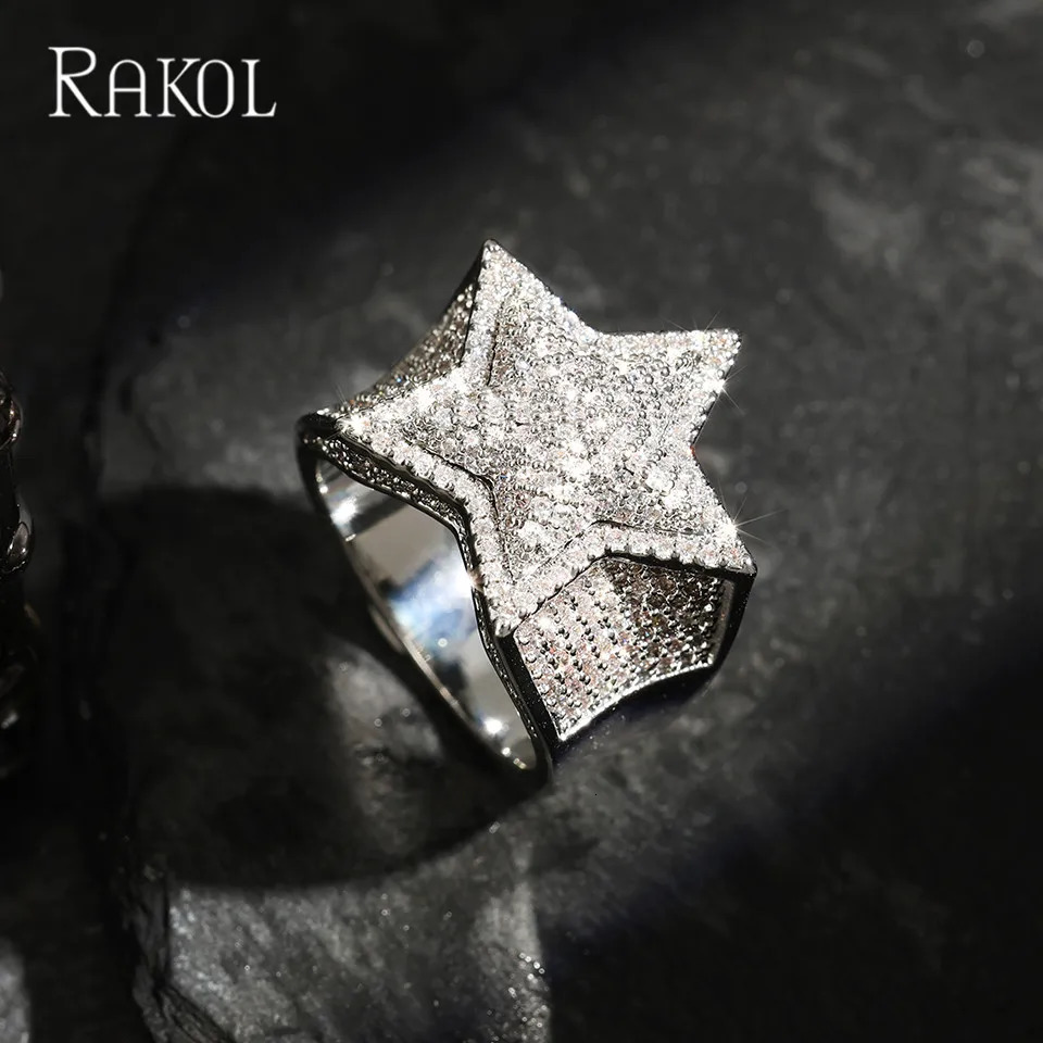 RAKOL Star Full Zircon Rings For Man Women Silver Gold Color Five Pointed Star Ring Shine Hip Hop Jewlery Gifts 250716