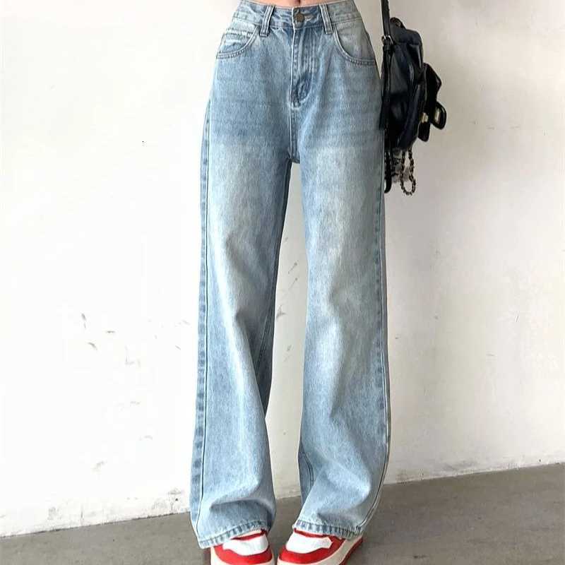 Washed Distressed Denim Straight Pants Vintage Women Jeans with Pockets High Waist Loose Fit Ankle Length Wide Leg Casual Pants Basics R250716