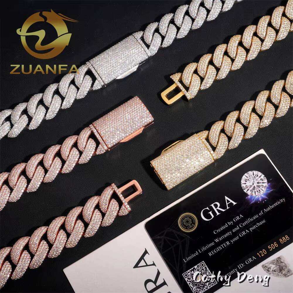 20mm 4rows Iced Out 925 Silver Moissanite Chain Link Cuban High Quality Hip Hop Jewelry Men Cuban Chain With GRA Certificate