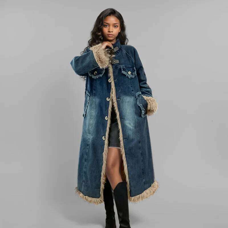 WTHT New Fashion Women's Plush Edge Belt Buckle Warm Denim Long Coat 2024 Winter Trendy Single Breasted Jacket Female 1Ls178