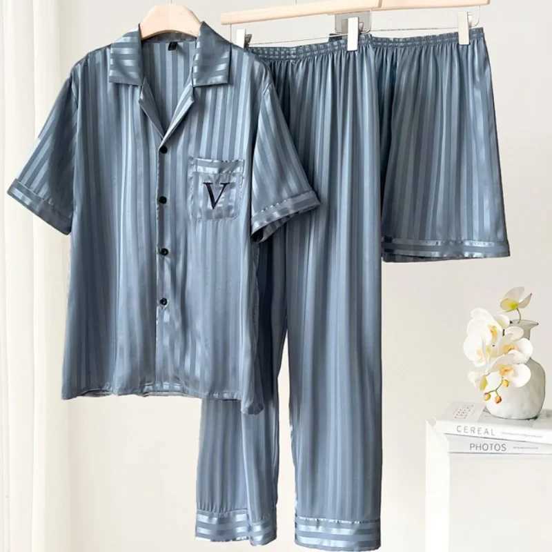 Spring Summer New Men 3PCS Pajamas Set Sleepwear Short Sleeve Trouser Suit Loungewear Loose Silk Satin Home Clothes Pajamas Set W250717