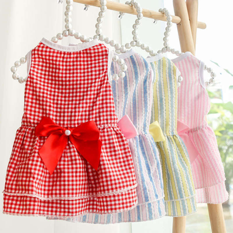 Pet Dress With Bowknot Gown Dog Wedding Dress Spring Summer New Plaid Pet Cat Clothes Supplies Pomeranian